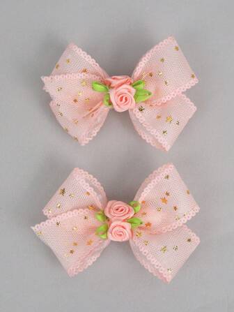 2 件装粉色网状发饰女士金色星星印花蝴蝶结鳄鱼夹优雅玫瑰发夹春季女孩小辫蝴蝶结发夹女士发饰