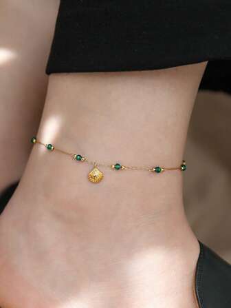 1 件绿石串珠脚链配贝壳吊坠，波西米亚风复古风格脚链，适合女性日常佩戴，适用于周年纪念、派对、聚会和特殊场合