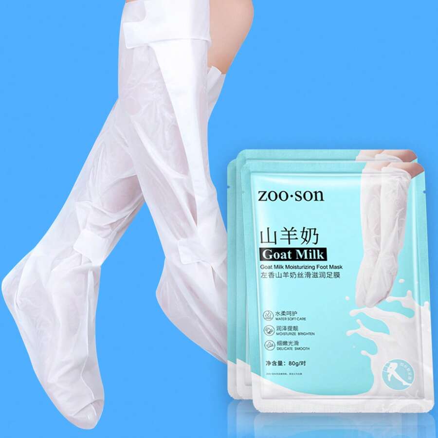 3 对/5 对/10 对山羊奶加长足膜，保湿足部去角质，足部护理腿膜 - 淺藍色 - 查看 1