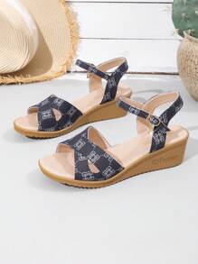 Women's Round Toe Platform Sandals, Strap Closure, Pendant Decor, Suitable For Commuting, Outdoor, Office, Campus, Elegant And Luxurious, Black And Gold Wedge Heels