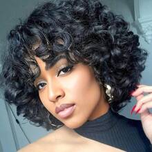 Short Bob Afro Loose Curl Wig With Bangs Human Hair Loose Curly Wave Pixie Cut Wig Bouncy Curls 150% Density Bouncy Curly Egg Wave Spring Curly Put On And Go Wigs For Women None Lace Egg Curl Glueless Wig With Bangs - Black - View 2