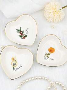 1PC Personalised Customised Heart Shaped Birthstone Ring Tray With Name, Ceramic Jewellery Tray Suitable For Girlfriends/Mothers/Sisters, Bridesmaid Bridal Jewellery Storage Tray, Storage Tray, Mother's Day Customised Gift For Her