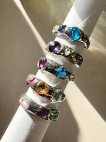 5pcs/Set Vintage Asymmetrical Geometric Colorful Zirconia Rings Set, Versatile Fashionable Elegant Women Jewelry - Multicolor - View 7