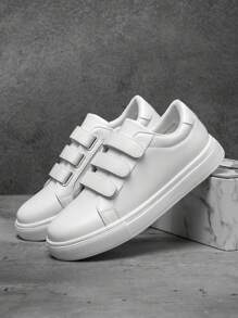 (Runs Small) Men's Classic Fashion Versatile White PU Splicing Hook And Loop Easy Wear Skate Shoes, Outdoor Sports Comfortable Non-Slip Low-Top Lightweight Flat Walking Shoes