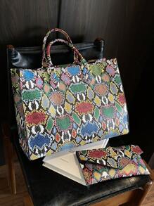 Fashionable Snake Skin Pattern All-Season Travel & Shopping Tote Bag, Extra Large Handbag - Multicolor - View 7
