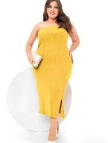 Women's Plus Size Midi Ribbed Strapless Dress With Front Slit Women's Fashion 2025