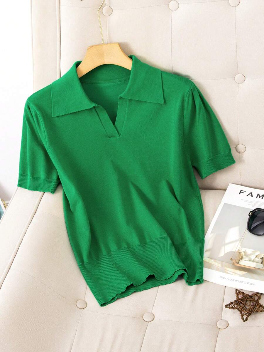 GIGOGOU 新款夏季女士休闲纯色 Polo 领短袖针织上衣 - 綠色 - 查看 1