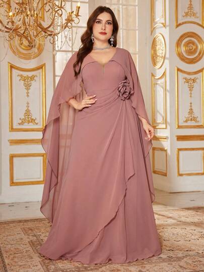 SUPGIR 加大披肩袖 3D 花朵装饰下摆连衣裙，轻奢粉色晚礼服，婚礼宾客礼服，派对礼服，礼服