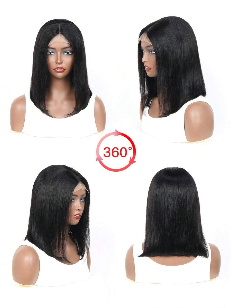 短款波波头假发 人发 4x4 蕾丝闭合假发 巴西直波波头 人发假发 180% 密度 预拔婴儿头发 自然色