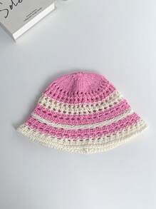 1pc Women's Round Top Hollow Out Straw Hat, Contrast Striped Fisherman Bucket Hat, Breathable Big Head Size, Facial Slimming, Spring/Summer - Straw Bucket Hat - View 15