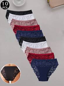 10 条装浪漫蕾丝内裤透气柔软蕾丝棉质三角裤女士内裤