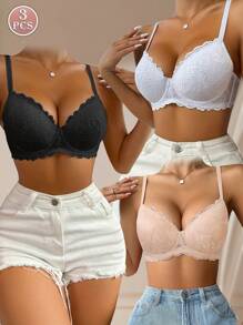 3件装女士多色蕾丝钢圈文胸，薄罩杯，透气舒适