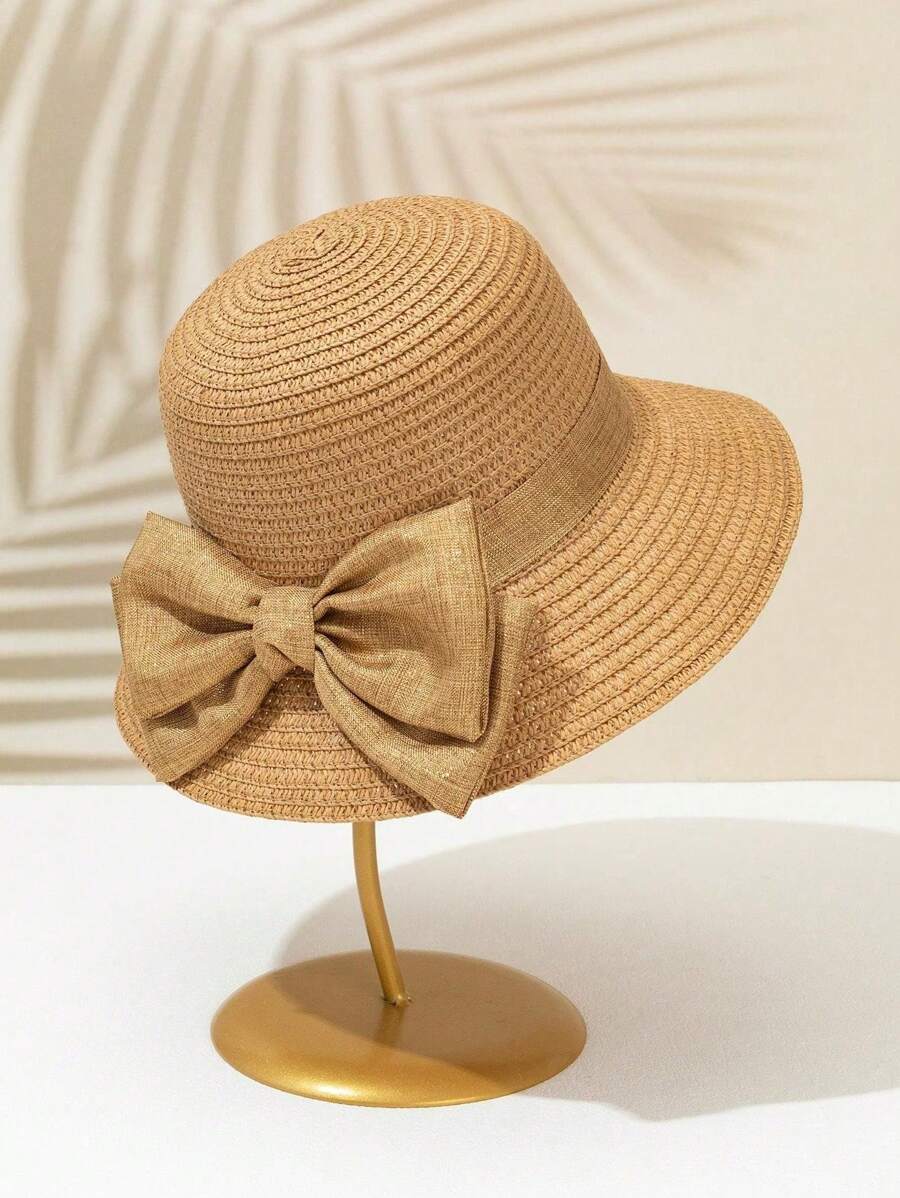 1 件女童卡其色蝴蝶装饰甜美休闲卡其色软边太阳帽，适合户外、海滩、度假、防晒、日常装、婚礼、儿童礼物 - 卡其色 - 查看 1