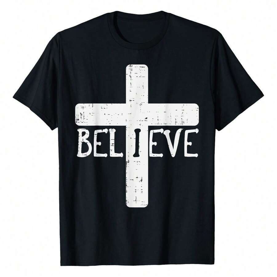 I Believe Cross God Jesus Faith Christian Men Women Kids Flattering Plus Size T-Shirt For Women – Elegant And Comfortable, Perfect For Any Occasion - 黑色 - 查看 1