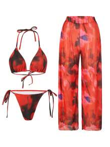 3pcs/Set Summer Tie-Dye Print Halter Backless Swimwear And Allover Print Pants, Casual And Vacation Beachwear For Women