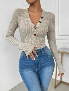 European&American Spring Autumn New Women Fuzzy Ribbed Solid Color Slim Fit Long Sleeve Bodysuit - Khaki - View 3