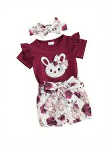 Baby Girls Shorts Set, Short Sleeve Letters Print Romper Striped Shorts With Hairband Easter Outfit