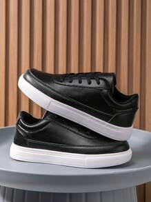 Men's Solid Color Basic Low-Top Casual Sneakers, Teenagers' Daily Commute Versatile PU Shoes, Suitable For Outdoor Sports, Casual Wear, All Seasons, Gender Neutral Plus Size Couple Shoes - Black - View 3