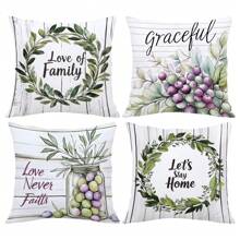4pcs/Set 17.7*17.7in (45*45cm) "Love Of Family" Rustic Wood Grain Olive Watercolor Print Polyester Pillow Cover (Single-Sided Printing), Home Sweet Home Decorative Cushion Cover For Living Room Sofa Bedroom Headboard, Suitable For Daily Use Or Home Decor, Car Headrest
