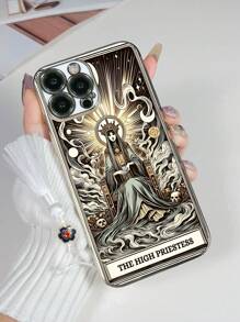1 szt. Biały galwanizowany wzór karty tarota Arcykapłanki z antypoślizgową obudową na telefon komórkowy i 1 szt. biały wisiorek z emalii z frędzlami, kompatybilny ze smartfonami iPhone///OPPO, w tym iPhone 15 Pro Max, A14, A54, A52, A31 4G, A23, Redmi Note 8 Pro, 11 Pro 4G, 12 4G, OPPO A54