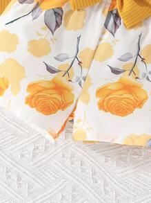 Dziewczęca prążkowana koszulka z kokardą i kwiatowym nadrukiem, zestaw szortów, prezent na letnie wakacje na świeżym powietrzu