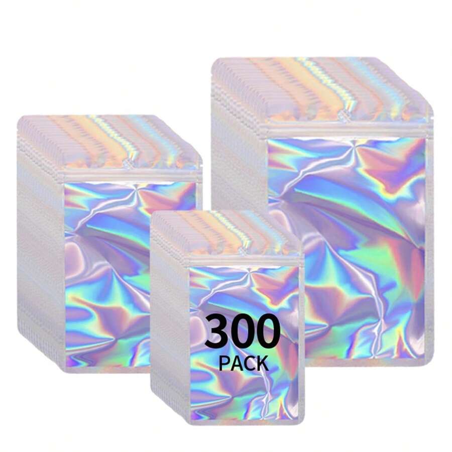 300 Pcs Holographic Mylar Bags, 3 Size Smell Proof Bags With Clear Window Foil Pouch Bags Resealable Bags For Small Business And Food Storage - 白色 - 查看 1