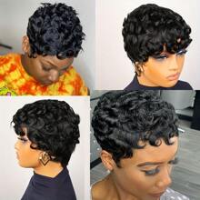 Pixie Cut Curly Human Hair Wig For Women, Short Loose Wave Style, Glueless Rose Net Cap, Non-Lace Deep Wave Wigs For Women, With Bangs Ideal Mommy Wig Perfect For Daily Use Wear - Black - View 4