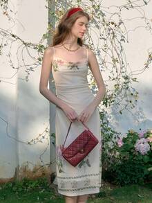 Simple Retro Ladies' Summer Contrast Color Square Neckline Placement Print Romantic Elegant Vintage Bodycon Waist Sleeveless Mid-Length Dress Spring Break