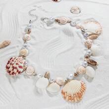 复古波西米亚风贝壳和仿串珠吊坠项链，贝壳多样，时尚，适合日常和度假佩戴 - 彩色 - 查看 4