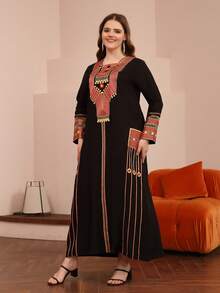 2026 New Style Ramadan Traditional Elegant Long Sleeve Dress, Colorful Gold Embroidery Arabic Women Clothing JALABIA - Black - View 9