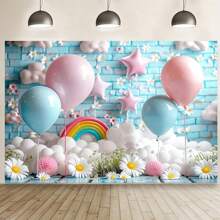 1pc Spring Rainbow Daisy Photography Backdrop, Colorful Rainbow Balloons Birthday Party Decor, Multi-Function Polyester Home Wall Decor Tapestry 210*150cm/150*100cm/100*75cm, For Christmas, Birthday Banner, Cake Table Decor, Christening Party, Baby Shower, Wedding, No Electric Required