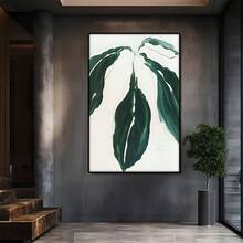 Feuilles vertes avec de fines lignes noires sur fond blanc. Grande peinture murale encadrée en bois, décoration d'intérieur, peinture à l'huile - Chambre, salle de bain, salon, bureau, cuisine, cadeaux de Noël - 1 pièce