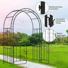 84'' No Dig Arch Trellis Heavy-Duty Metal Garden Arbor W/ Lockable Gate - Black - View 8