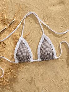 Soft Ruffle Halter Neck Tie Strap Printed Party Spaghetti Strap Bikini Top, Sexy Women Summer Beach Swimwear