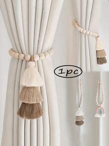 1Pair Wooden Curtain Hook Magnetic Beaded Tassels Tri-Colored, Boho Wooden Curtain Holder With Tassels No Drilling, For Office, Bedroom, Living Room