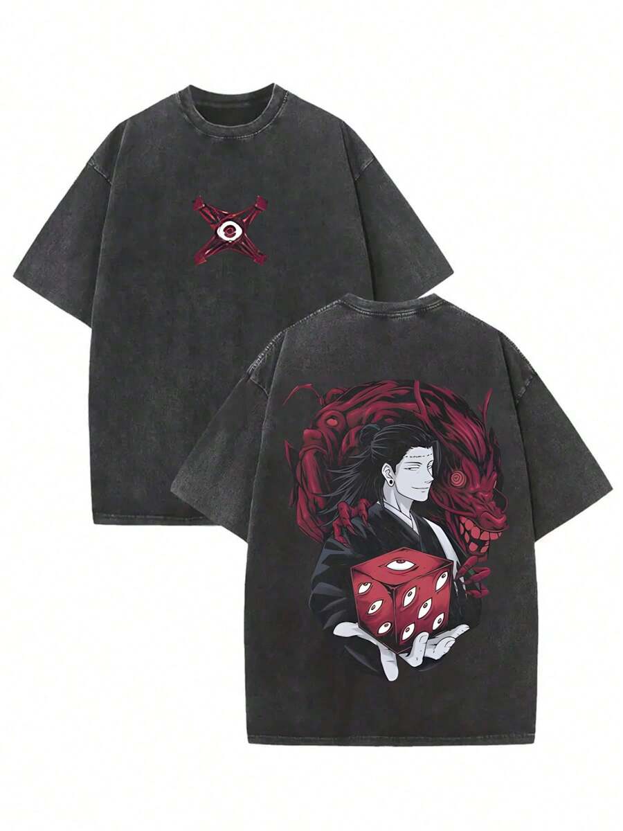 Japanese Cartoon Anime Spell Battle Pattern Printed 230g Washed Cotton T-Shirt, Men's Summer High-Quality Printed Washed Cotton Retro Fashion Brand Loose Casual Black T-Shirt, Suitable For Outdoor Wear In Summer, With A Certain Thickness, Daily Wear And Friend Gifts, Back To School Gifts