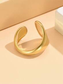 1pc Vintage Baroque Wide Flat Metal Stainless Steel Adjustable Open Ring, Vacuum Plated 18K Gold, Non-Fading Jewelry For Women Daily Wear