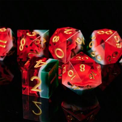 Juego de dados de resina de sandía de dos colores hecho a mano, adecuado para juegos de rol, con brillo estrellado y bordes precisos, apto para adolescentes de 14 años en adelante, regalo perfecto para cumpleaños o Navidad
