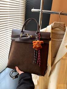 1pc PU + Suede Fabric Tote Bag For Women, Vintage Fashion Large Capacity Top-Handle Handbag With Belt Decor, Multifunctional Shoulder Bag Suitable For Daily Use And Outings (Comes With Pendant)