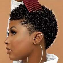 CEXXY Short, Voluminous Curly Wig With 200% Density Made Of Real Human Hair, Ready To Wear, Pixie Cut, Brazilian Human Hair, Women's Style, Natural Black Curly Wig, Machine-Woven Bob Wig - Natural Black - Xem 4