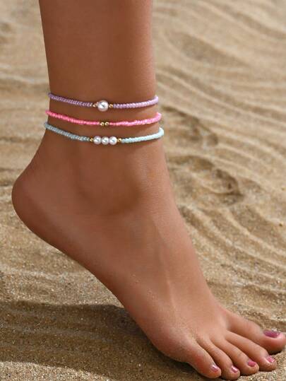 3 Stücke/Set bohemischer Stil bunter Perlen- & Perlenkettchen-Fuß-Schmuck, passend für Strandkleidung von Frauen (Farbfolge der Perlen zufällig)