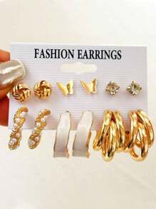 12pcs/Set Retro Butterfly, Heart, Pearl Stud Metal Wrapped Circle Earring Set For Women - Gold - View 2