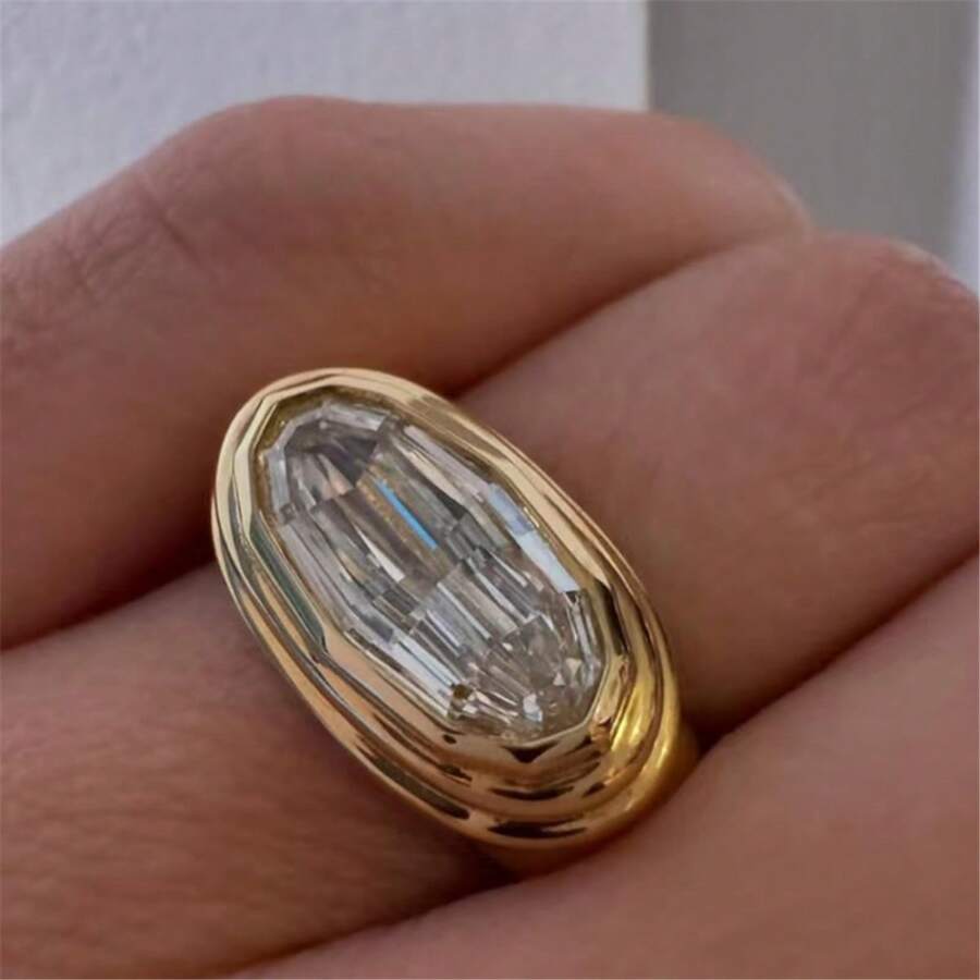 1pc Vintage 18K Gold Plated Stainless Steel Oversized Oval Cubic Zirconia Decorated Ring, Suitable For Men's Daily And Wedding Wear, Gift - Diamond Ring - View 1