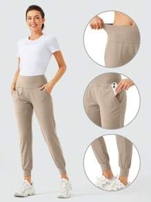 Women's High Waisted Yoga Joggers With Pockets Loose Leggings For Workout, Athletic & Lounge - Khaki - View 5