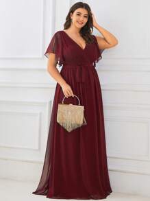 EVERPRETTY Elegant V-Neck Ruffle Flare Sleeve Floor-Length Burgundy Bridesmaid Dress, Spring/Summer Wedding Guest Party Dress - Burgundy - View 4