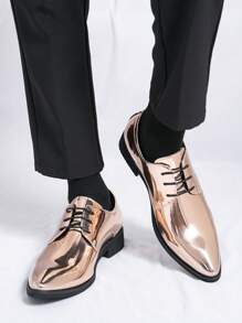 Men's Dress Formal Pointed Toe Lace-Up Patent Leather Shoes - Gold - View 4