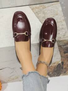 女士单扣装饰休闲一脚蹬镜面平底鞋 - 酒紅色 - 查看 3