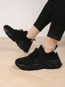 女士高弹力软底休闲网眼透气黑色运动鞋，轻便跑步鞋，2025年新品 - 黑色 - 查看 3