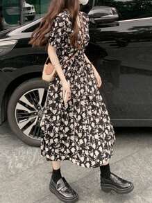 女式短袖碎花中长连衣裙，少女风格 - 黑色 - 查看 5