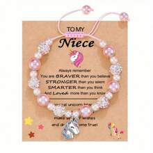 1pc Adjustable Unicorn Shaped Pendant Pink Beads Bracelet With Blessing Card, Jewelry Accessory - Pink - View 8